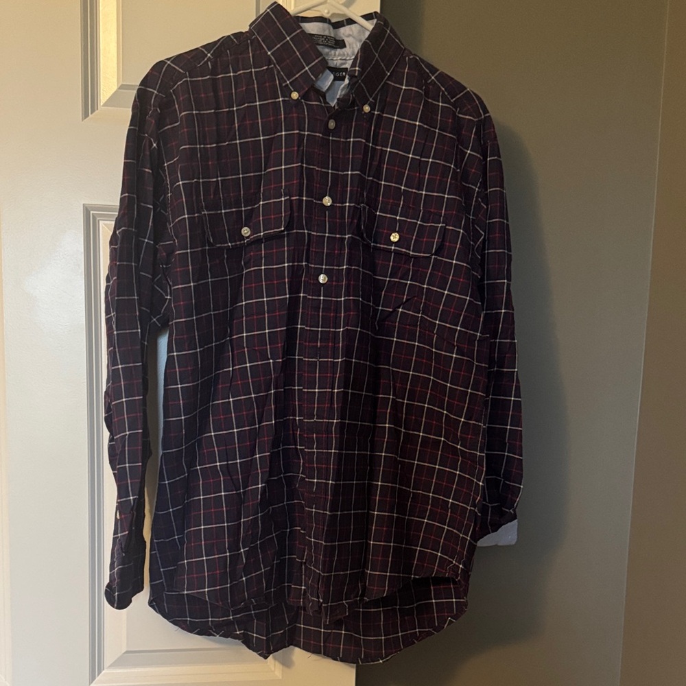 Tommy Hilfiger Navy and Red Plaid Button-Down Shirt